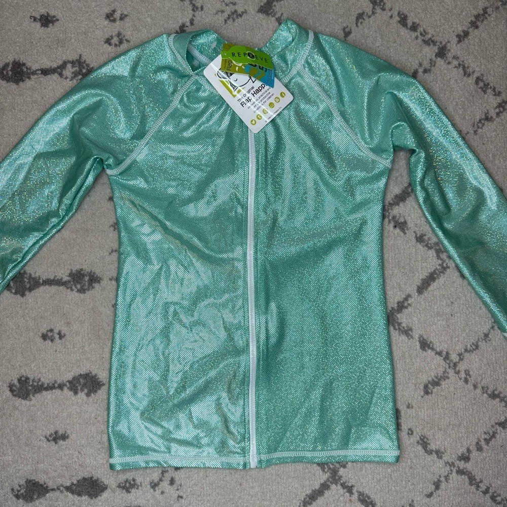 NWT FLAP HAPPY Sparkle Shimmery Teal Blue Longsleeve Rashguard Swim Beach Top